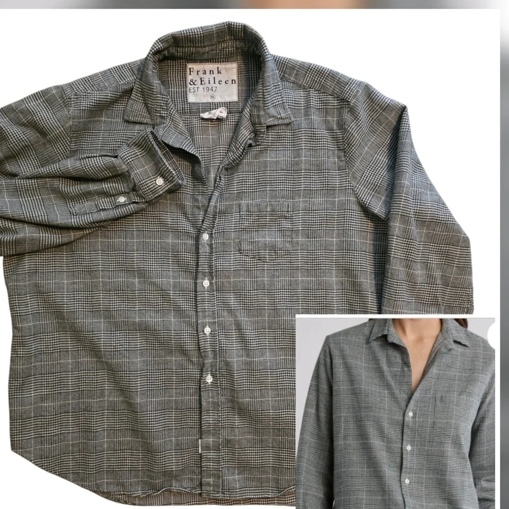 Frank & Eileen relax Button Shirt Women XL Grey Plaid Glen Check Woven in Italy - Picture 1 of 12
